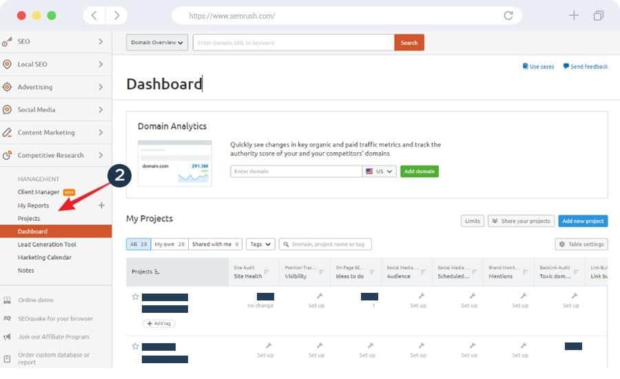 SEMrush's Main Dashboard - an arrow is pointing to click on dashboard