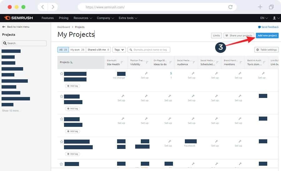 SEMrush's Project Dashboard - an arrow is pointing to add a new project