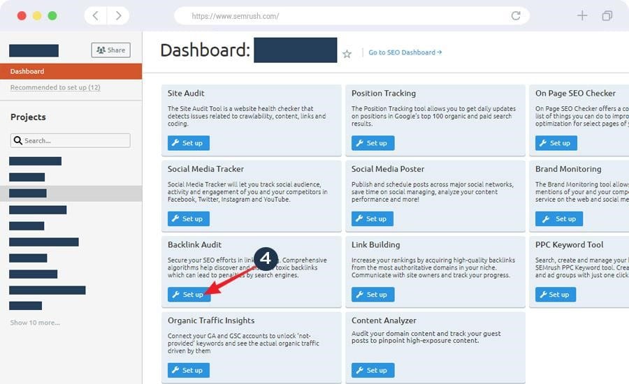 Project dashboard where to setup backlink audit - an arrow is pointing to set up backlink audit.