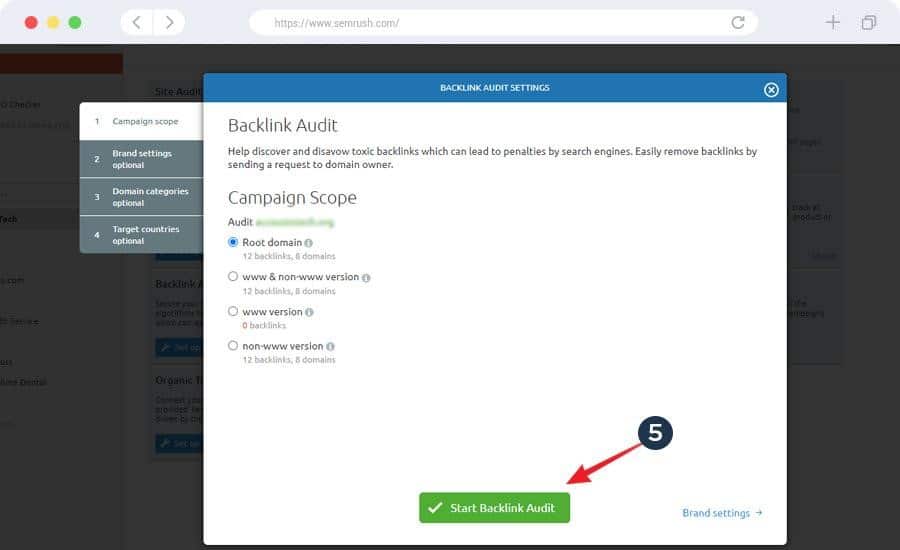 SEMrush's backlink audit page where to choose "root domain" - an arrow is pointing for the next step