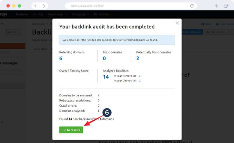 Backlink audit has been done - an arrow is pointing to view the result