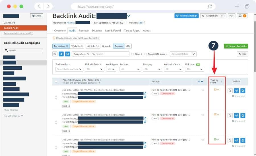 A dashboard for SEMrush's backlink audit where you can measure between toxic & quality - an arrow is pointing the score of backlinks