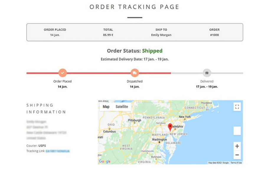 order tracking page